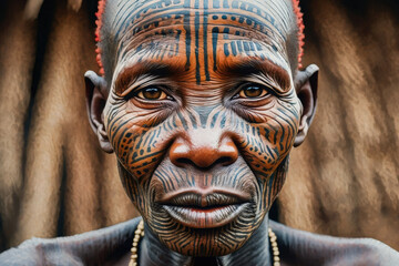 Obraz premium Close-up portrait of an elder with intricate tribal facial tattoos. Deep expression and cultural identity captured through traditional patterns and details. 