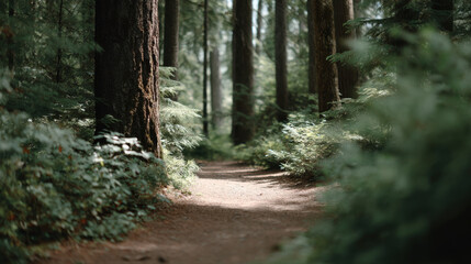 Naklejka premium serene forest trail in british columbia surrounded by towering trees and lush greenery