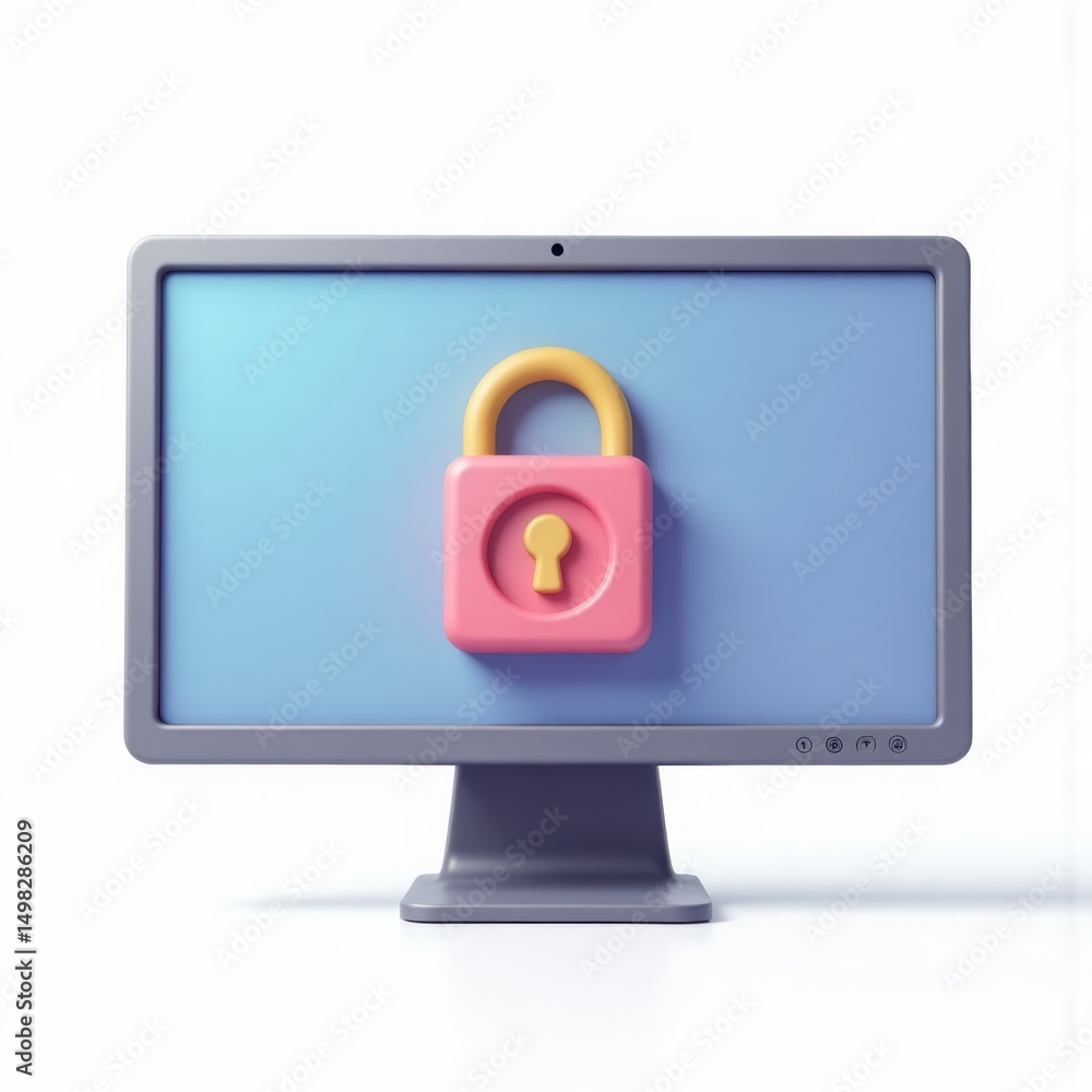 Poster computer security: 3d render of desktop pc with padlock, cybersecurity & data protection