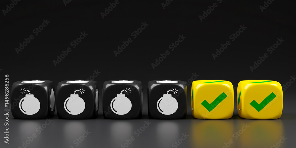 Aufkleber navigating risks dice depicting bombs give way to green checkmarks signifying successful on transpar