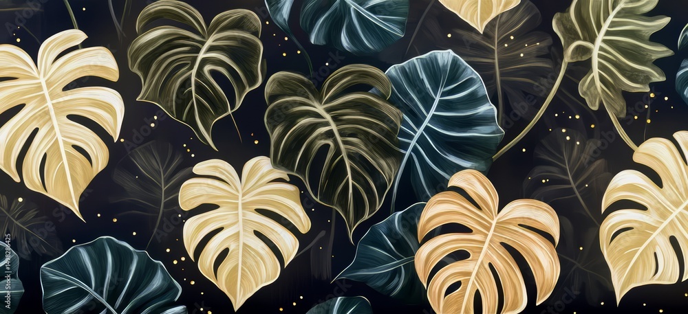 Aufkleber black and white drawing of a bunch of leaves with gold and green colors. the leaves are large and ha