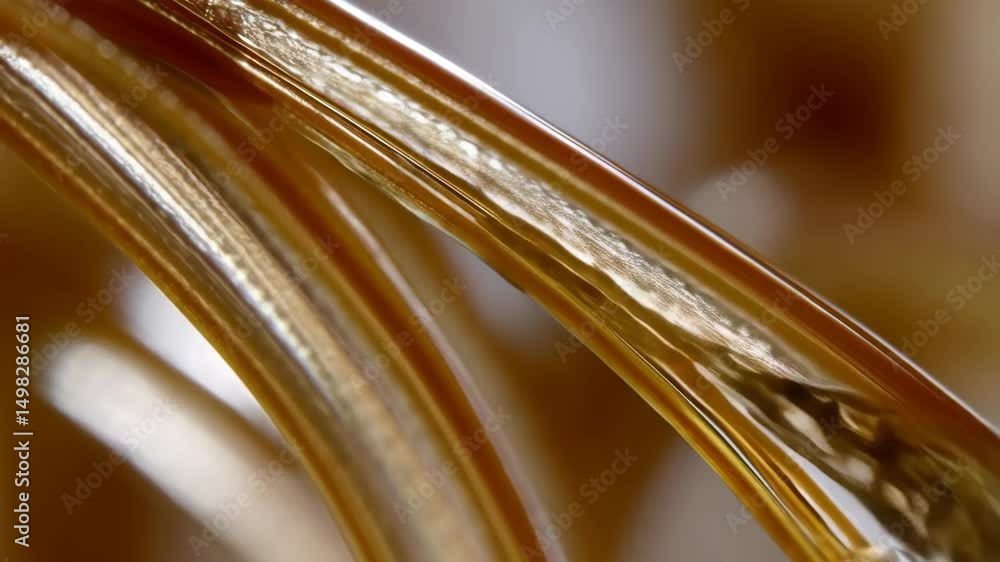Poster golden liquid substance is flowing during production process with visible waves, shiny, and smooth s
