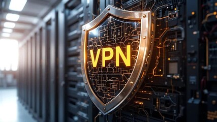 Digital metallic shield featuring bold VPN in the center over server background.mp4 - Powered by Adobe