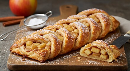 Apple cinnamon puff pastry braid on a wooden board, with caramelized apple slices and powdered sugar on top
