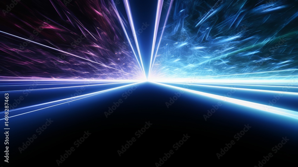 Poster colorful light show with a white line in the middle. the blue and purple lights are in the backgroun
