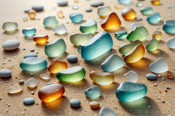 Multicolored pieces of sea glass scattered across sunlit sand. Ideal for summer vacation ads or eco-friendly beach themes.

