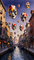 Surreal scene of many theatrical masks floating above a canal-side street in Venice. Dreamlike, festive, and artistic, merging fantasy with celebration.
