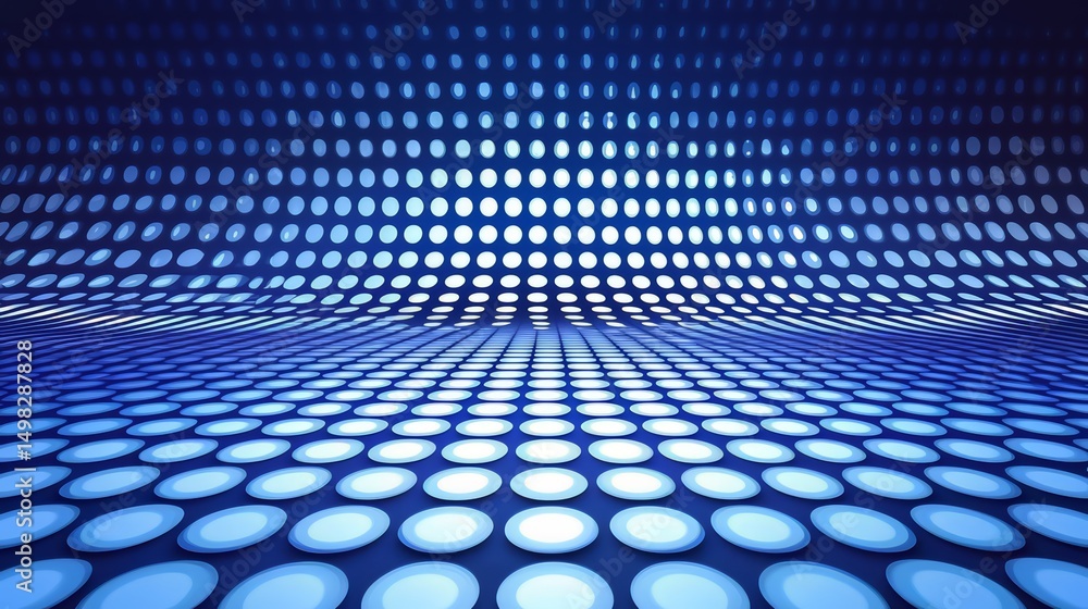 Poster blue background with many small circles. the circles are white and are scattered throughout the back