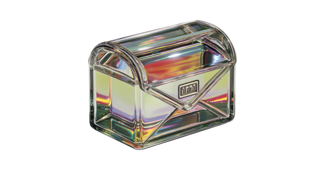 A glowing 3D envelope icon with prismatic effects, representing digital communication, shown on white --ar 16:9 --v 7.0 --s 750