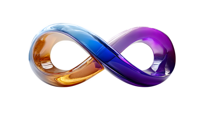 A glowing 3D infinity symbol in gradient blue and purple hues, symbolizing endless possibilities, displayed on white --ar 16:9 --v 7.0 --s 750