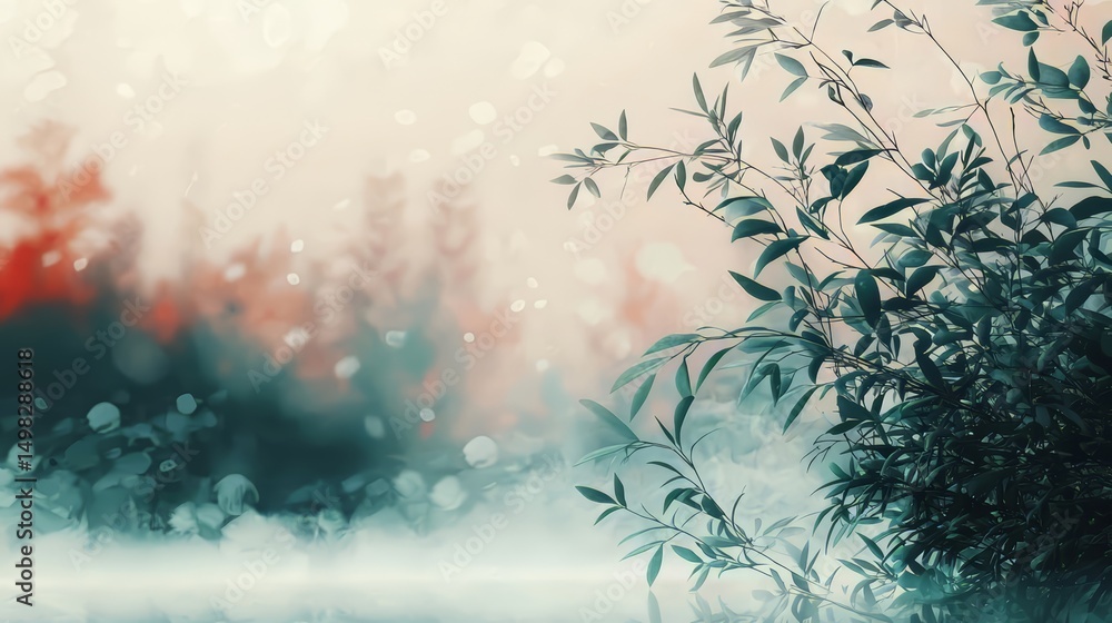 Aufkleber Blurry image of a forest with a tree in the foreground. The image has a serene and peaceful mood, with the trees and the water creating a calming atmosphere