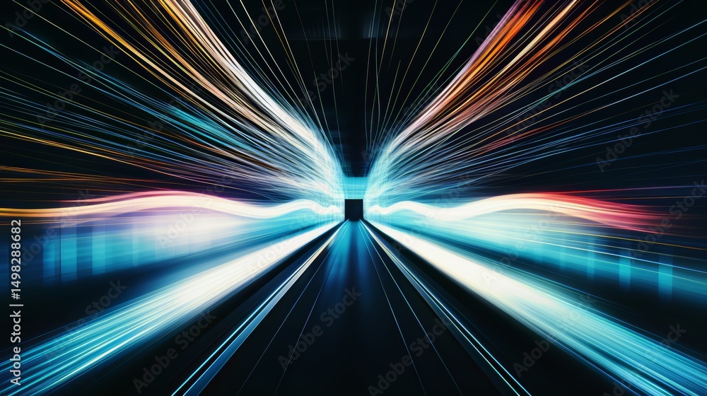 Fototapete Blurry image of a tunnel with a train in the middle. The tunnel is long and narrow, and the train is moving quickly. The image has a sense of motion and speed