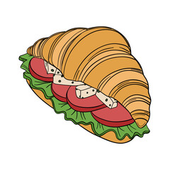 Fresh bakery croissant with salty flavor taste lettuce, tomato, meat or salmon, cheese. Sweet morning french cuisine breakfast. Appetizing and delicious outline art