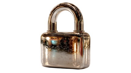 A glowing 3D padlock icon with reflective metallic surfaces, representing security and trust, isolated on white --ar 16:9 --v 7.0 --s 750