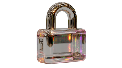 A glowing 3D padlock icon with reflective metallic surfaces, representing security and trust, isolated on white --ar 16:9 --v 7.0 --s 750