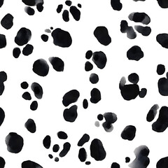 Fototapeta premium Seamless pattern of black and white Dalmatian skin with many random spots and realistic blank space around. Hand drawn watercolour sketchy painting for creative design, banner, poster, label, package.