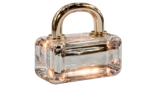 A glowing 3D padlock icon with reflective metallic surfaces, representing security and trust, isolated on white --ar 16:9 --v 7.0 --s 750