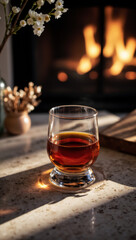 Cozy Cognac in Snifter Warmed by Hands, Reflecting Firelight with Floral Mantelpiece