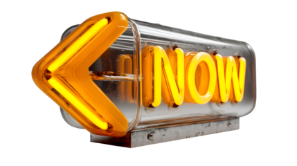 A glowing neon arrow icon in vibrant orange, pointing forward to signify progress, placed on white --ar 16:9 --v 7.0 --s 750