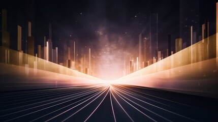 Cityscape with tall buildings and a long road. The sky is dark and the buildings are lit up