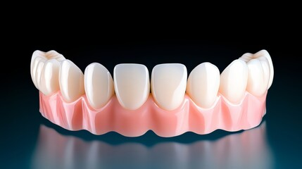 Obraz premium Close up of a fake set of teeth with a pink base. The teeth are white and appear to be fake