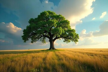 Obraz premium A solitary, majestic oak tree stands alone in a vast, rolling field under a dramatic sky The scene evokes a sense of peaceful isolation and the raw beauty of untouched nature , serene, majestic