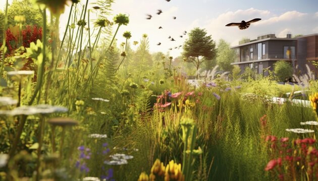 野原の風景、鳥と花、夏の光、建築物遠景 (Nobara no fūkei, tori to hana, natsu no hikari, kenchikubutsu enkei)