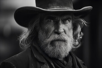 Black and white portrait of a bearded cowboy with hat.