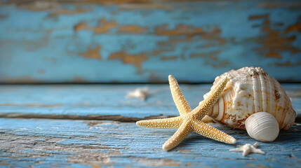 Seashells and starfish on weathered wooden planks.