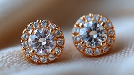Gold stud earrings with tiny diamonds rest on soft cloth, sparkling with subtle sophistication.