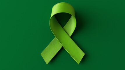 World bipolar day. Green ribbon on green background. Mental health awareness day, Depression, Cerebral palsy. World kidney day. top view. Copy space