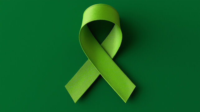 World bipolar day. Green ribbon on green background. Mental health awareness day, Depression, Cerebral palsy. World kidney day. top view. Copy space