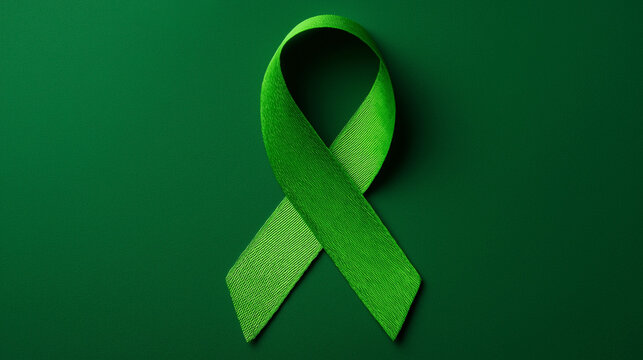 World bipolar day. Green ribbon on green background. Mental health awareness day, Depression, Cerebral palsy. World kidney day. top view. Copy space
