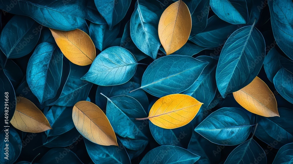 Aufkleber Close up of a variety of leaves, some of which are green and some are yellow. The leaves are scattered throughout the image, creating a sense of depth and texture