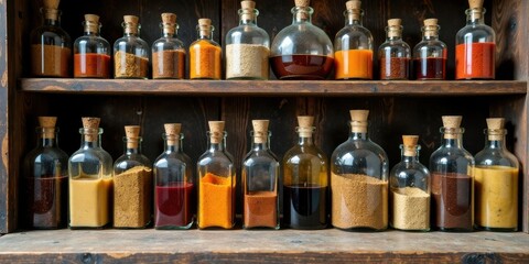 Collection of assorted spices and seasonings in glass bottles on wooden shelves