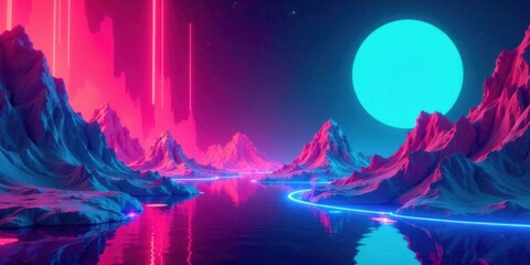 Surreal Neon Landscape with Vibrant Pink and Blue Mountains, Glowing Water, and a Large Celestial Body