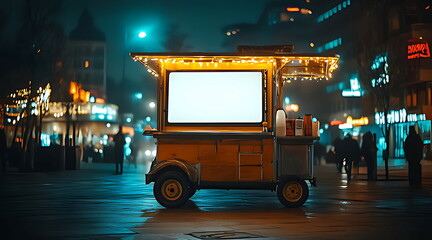 A food cart with a blank white board on the street