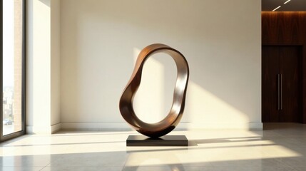 Contemporary Abstract Wooden Sculpture in Modern Interior Space with Sunlight Streaming Through Large Window