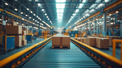 Fototapeta premium Automated factory conveyor belt transporting boxes