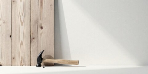 A simple hammer and nail rest against a light wooden panel, bathed in soft sunlight against a minimalist backdrop