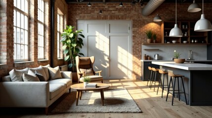 Sunlit Modern Loft Apartment Interior Design Featuring Comfortable Sofa and Island Kitchen
