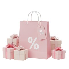 Sale shopping bag with gifts present on white background