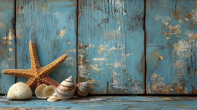 Seashell collection displayed on distressed wooden planks.