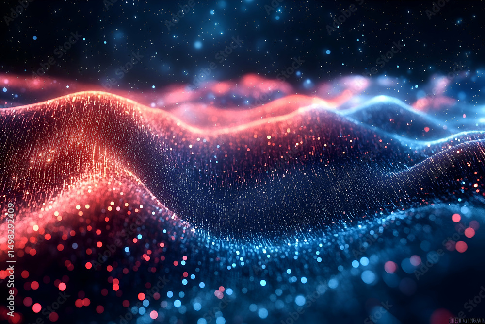 Poster abstract digital wave design with red and blue particles.