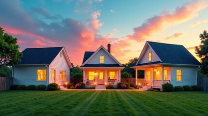 Serene Suburban Cottages Illuminated at Dusk, Basking in the Warm Glow of Evening Light