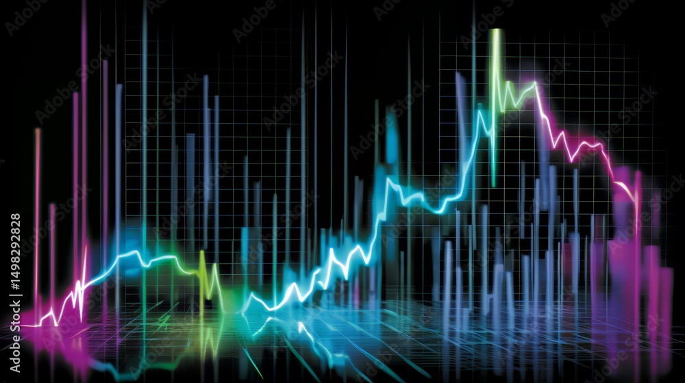 Poster Colorful graph with a downward trend. The graph is made up of many different colored lines, with some of them being more prominent than others. Scene is one of uncertainty and instability