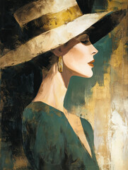 Stylish woman in a side glance pose, abstract face art and chic hat. Soft tones of white, rose, and beige contrast with metallic gold and deep green for a mystic allure.