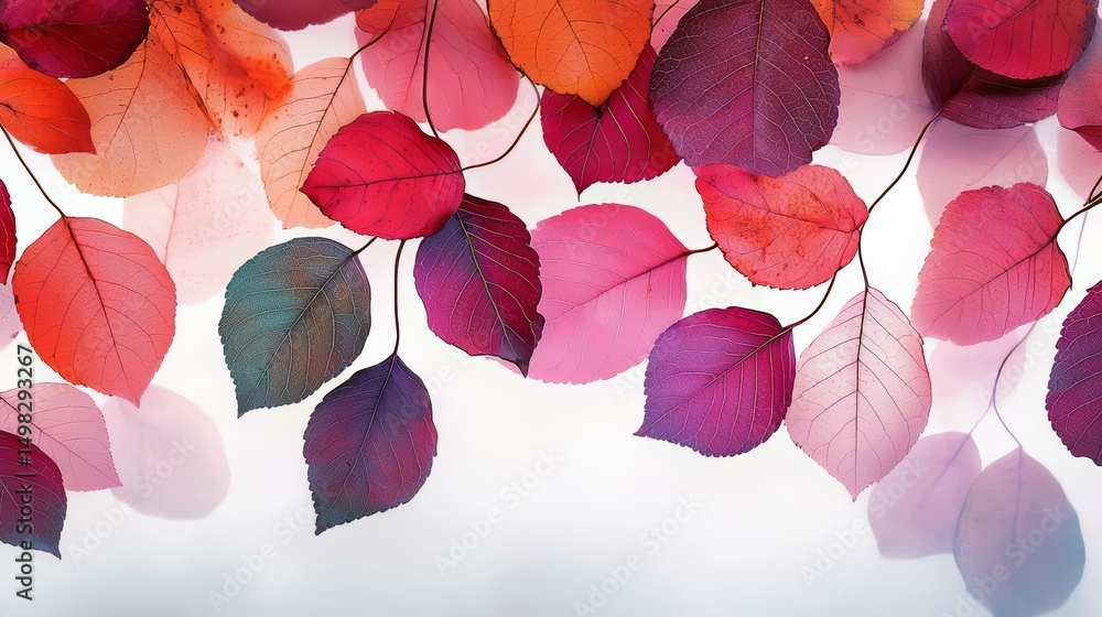 Poster colorful leafy background with a few red leaves. the leaves are scattered all over the background, c