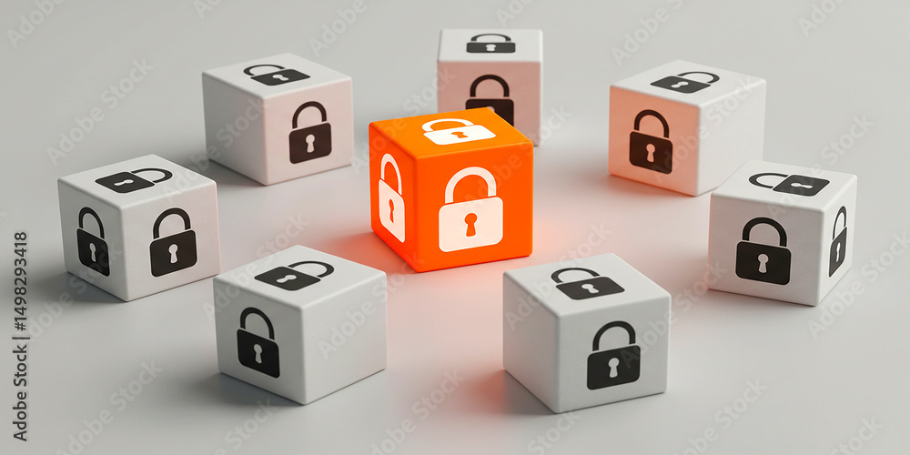 Poster a vibrant orange cube with a white lock stands out among secure white cubes representing on transpar