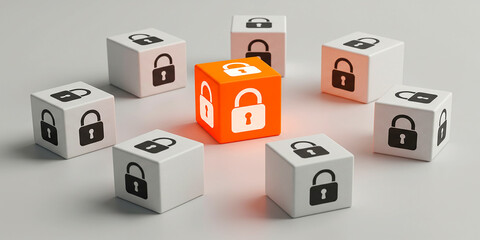 Glowing red lock cube in center surrounded by white blocks representing cybersecurity protection
